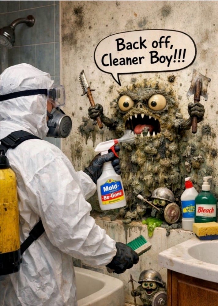 Cartoon: a technician in a protective suit and respirator facing a mold monster in a bathroom shower