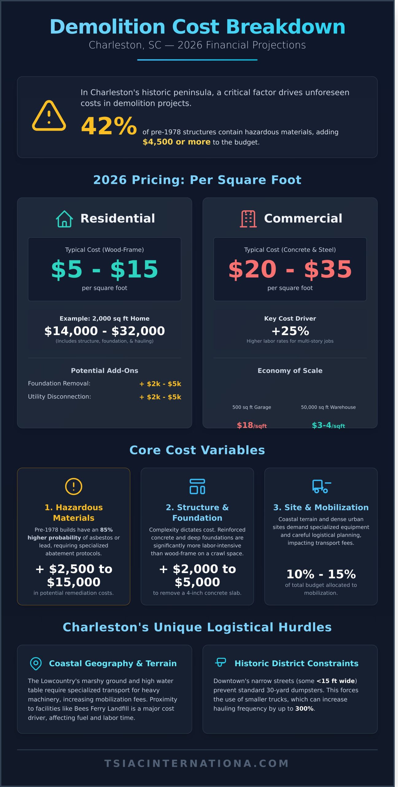 Cost of Demolition in Charleston, SC: 2026 Price Guide & Local Factors - Infographic